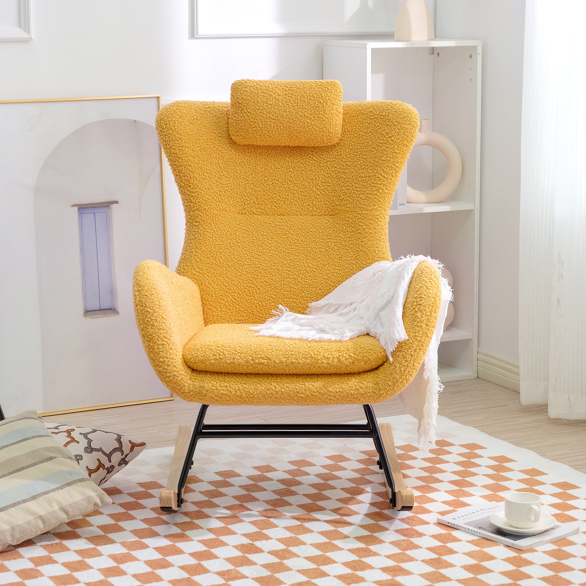 Rocking Chair Nursery, Teddy Upholstered Rocker Glider Chair With High Backrest, Adjustable Headrest & Pocket, Comfy Glider Chair For Nursery, Bedroom, Living Room, Offices, Rubber Wood, Yellow Yellow Polyester