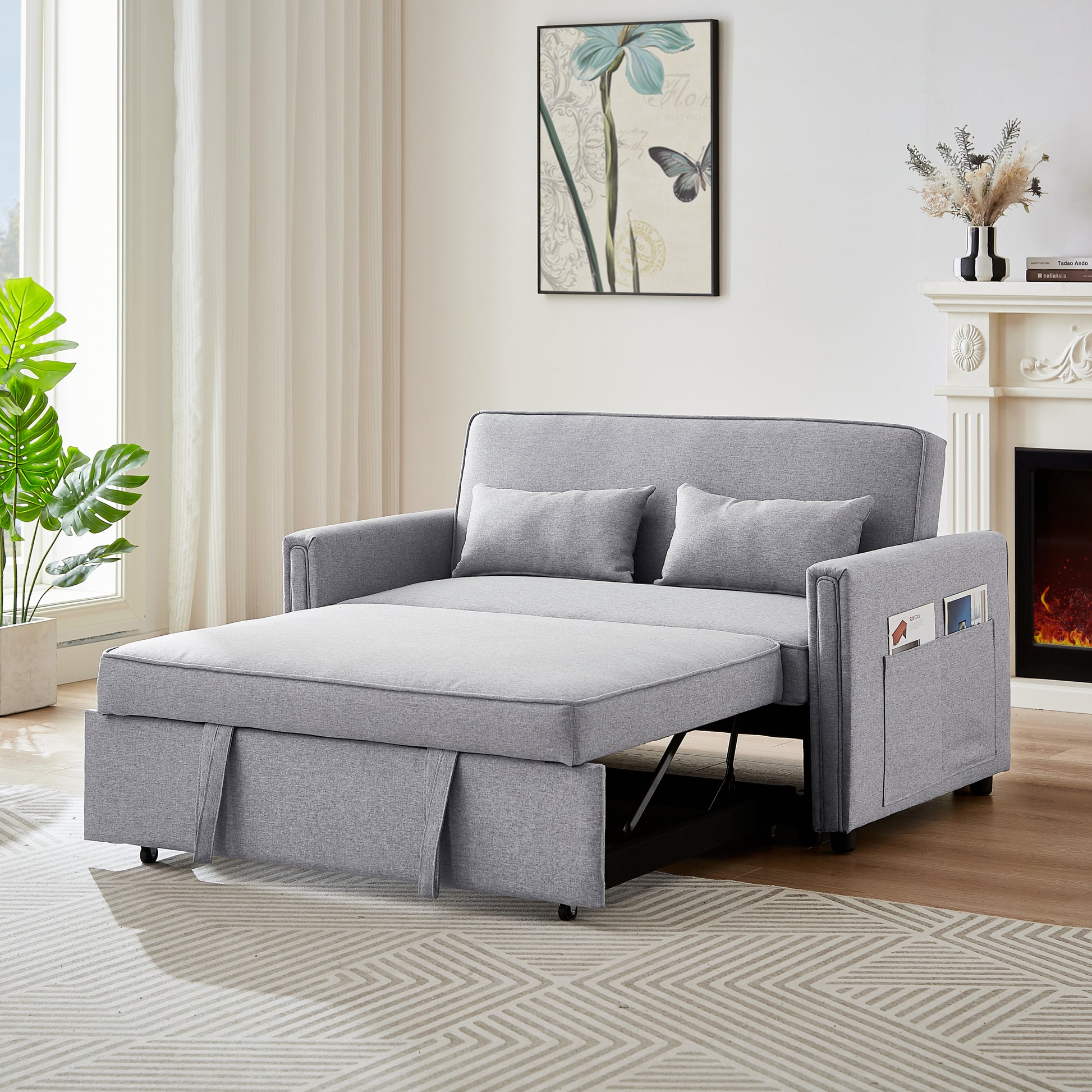 Modern Linen Convertible Loveseat Sleeper Sofa Couch With Adjustable Backrest, 2 Seater Sofa With Pull Out Bed With 2 Lumbar Pillows For Small Living Room & Apartment Grey Polyester