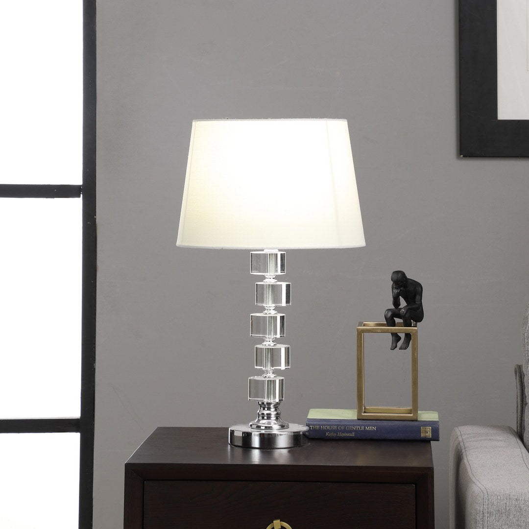 20" Crystal Round Stacked Cube Orbs Metal Table Lamp "Adelaine", White White Metal