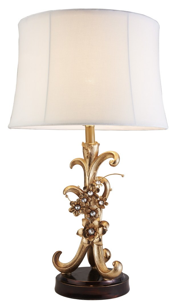 28" Tall Polyresin Table Lamp "Athena" With Bronze Finish With Flower Accents Gold Metal