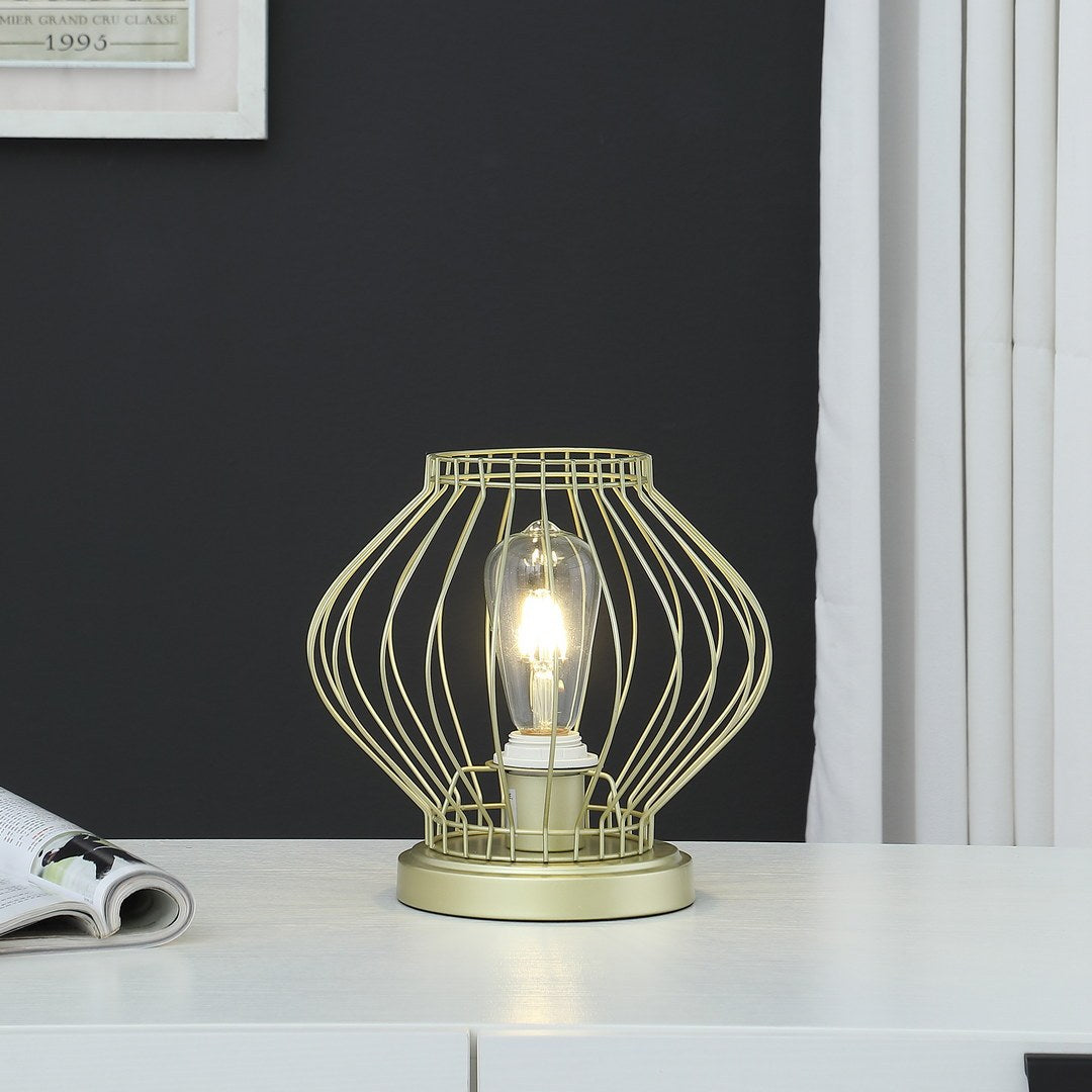 9.5" In Industrial Farm Cage Satin Matte Gold Uplight Metal Table Lamp Gold Metal