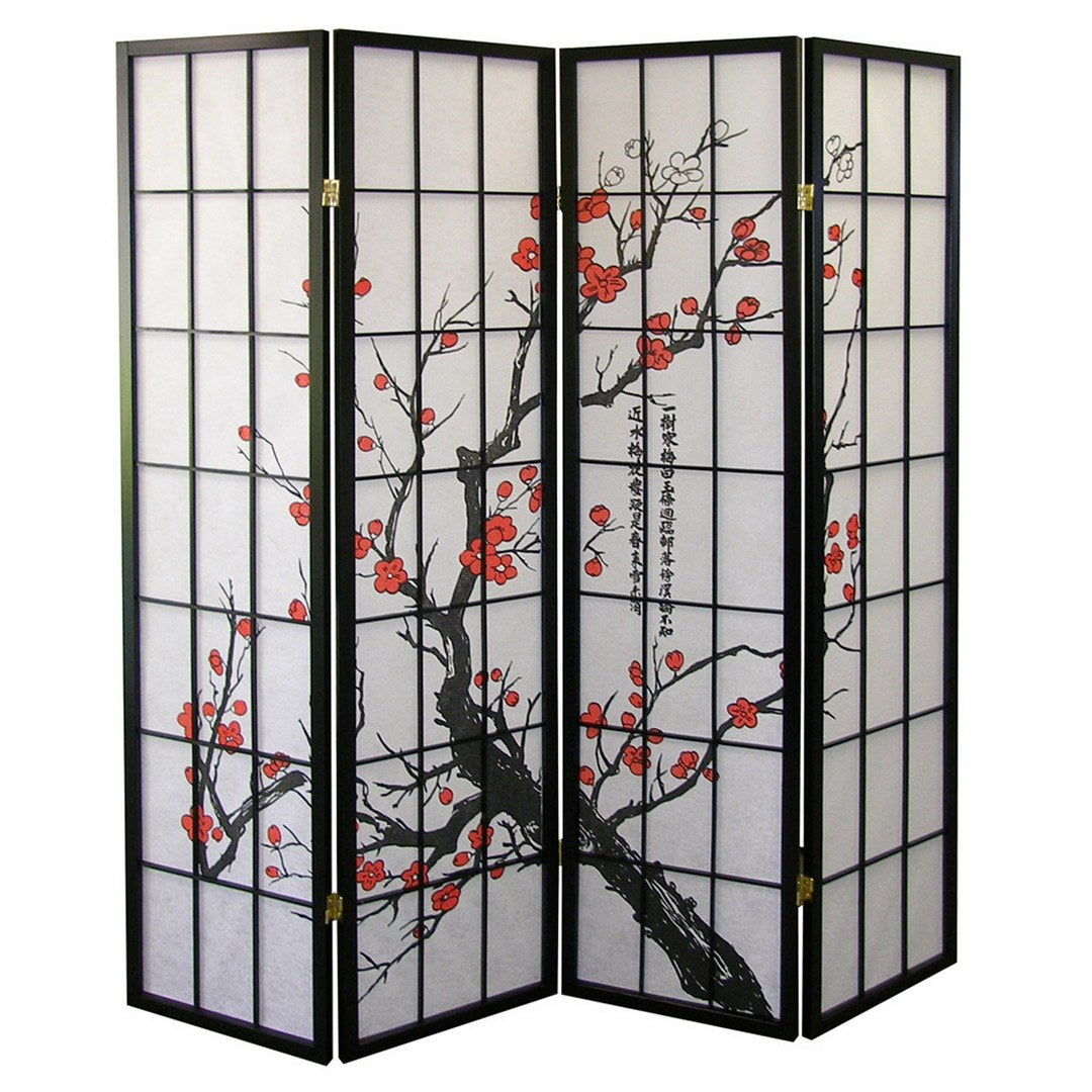 70" Tall 4 Panel Screen Room Divider, Plum Blossom Design With Black Finish Black Wood