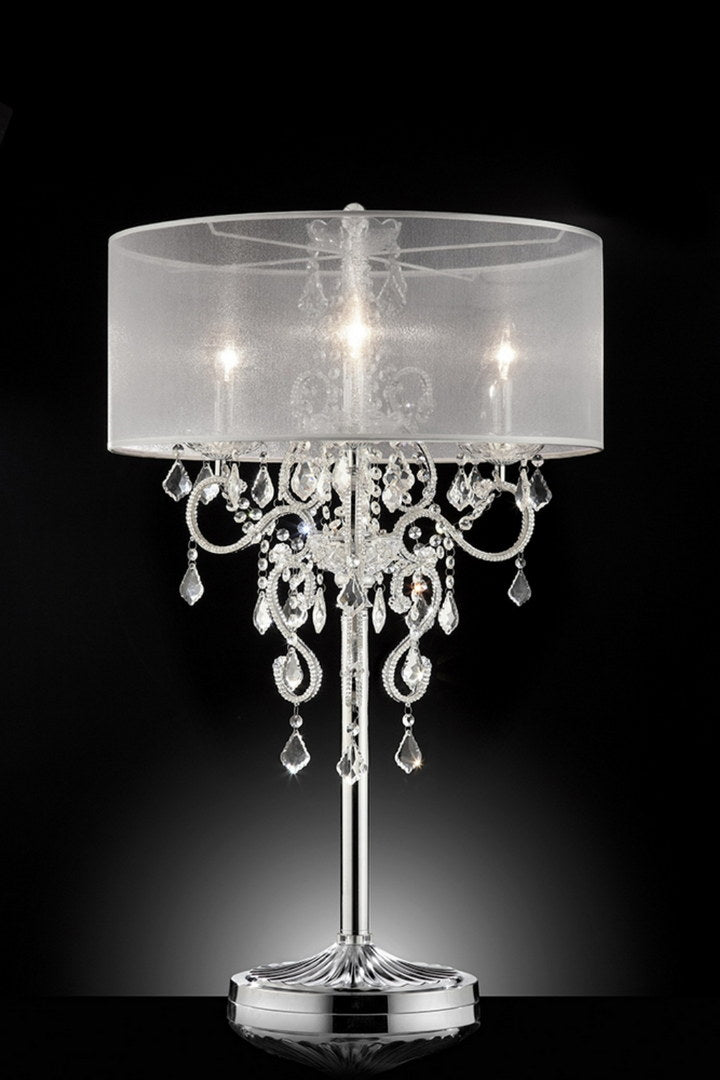 35" Tall Table Lamp "Evangelia", Silver Finish And Crystal Accents, Clear Shade Silver Metal