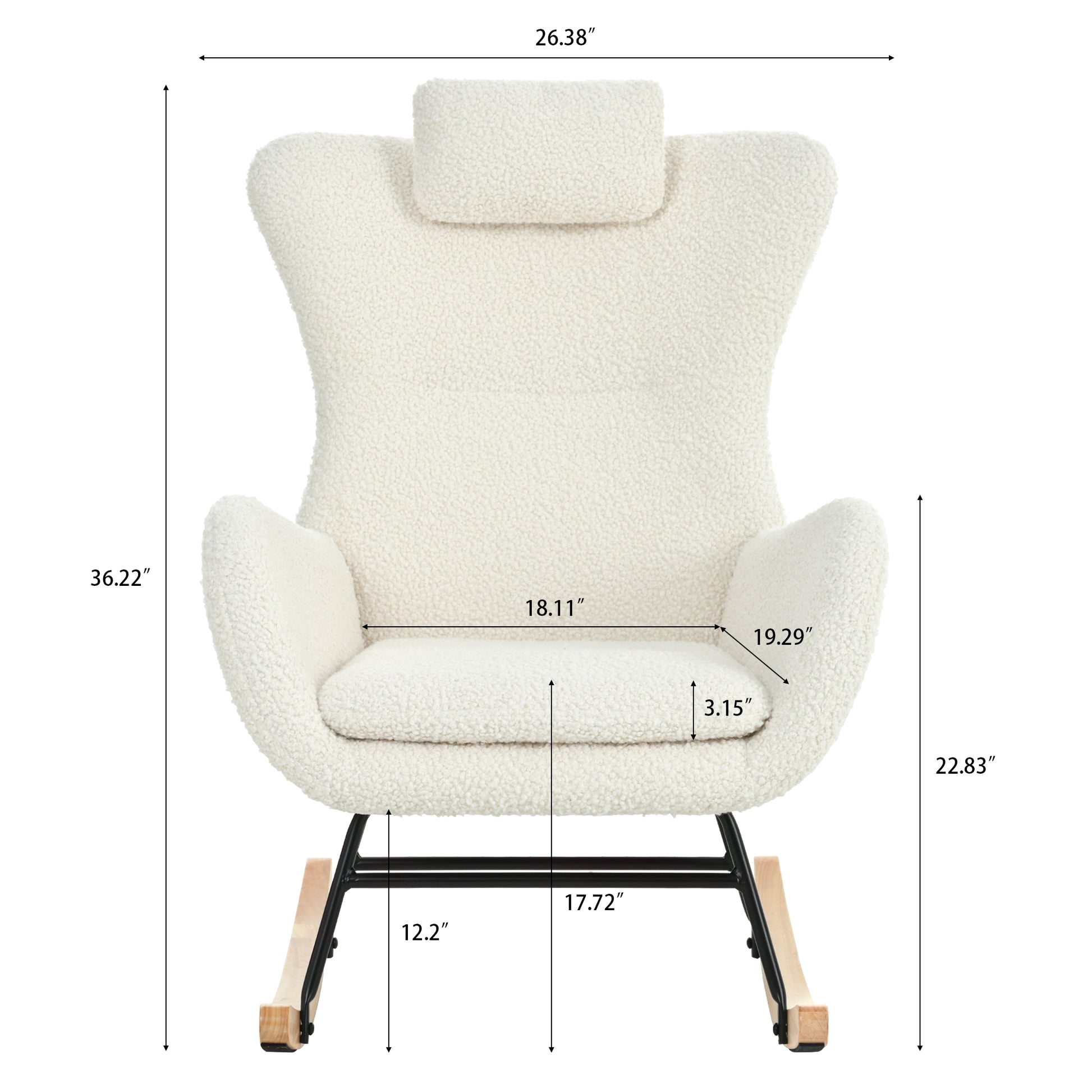 Rocking Chair Nursery, Teddy Upholstered Rocker Glider Chair With High Backrest, Adjustable Headrest & Pocket, Comfy Glider Chair For Nursery, Bedroom, Living Room, Offices, Rubber Wood, White White Polyester