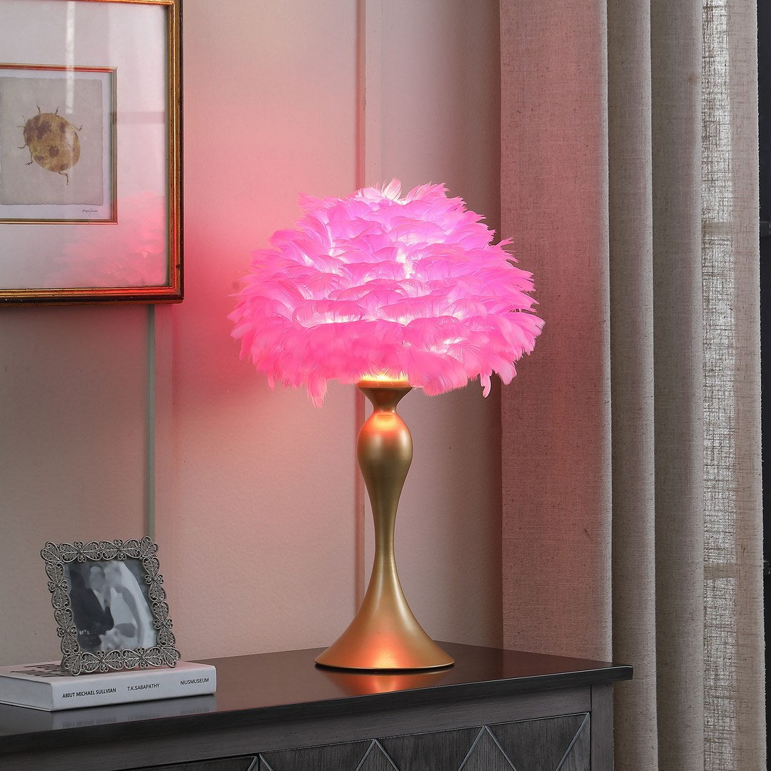 18.25"In Hot Pink Feather Aquina Satin Gold Metal Contour Glam Table Lamp Multicolor Metal