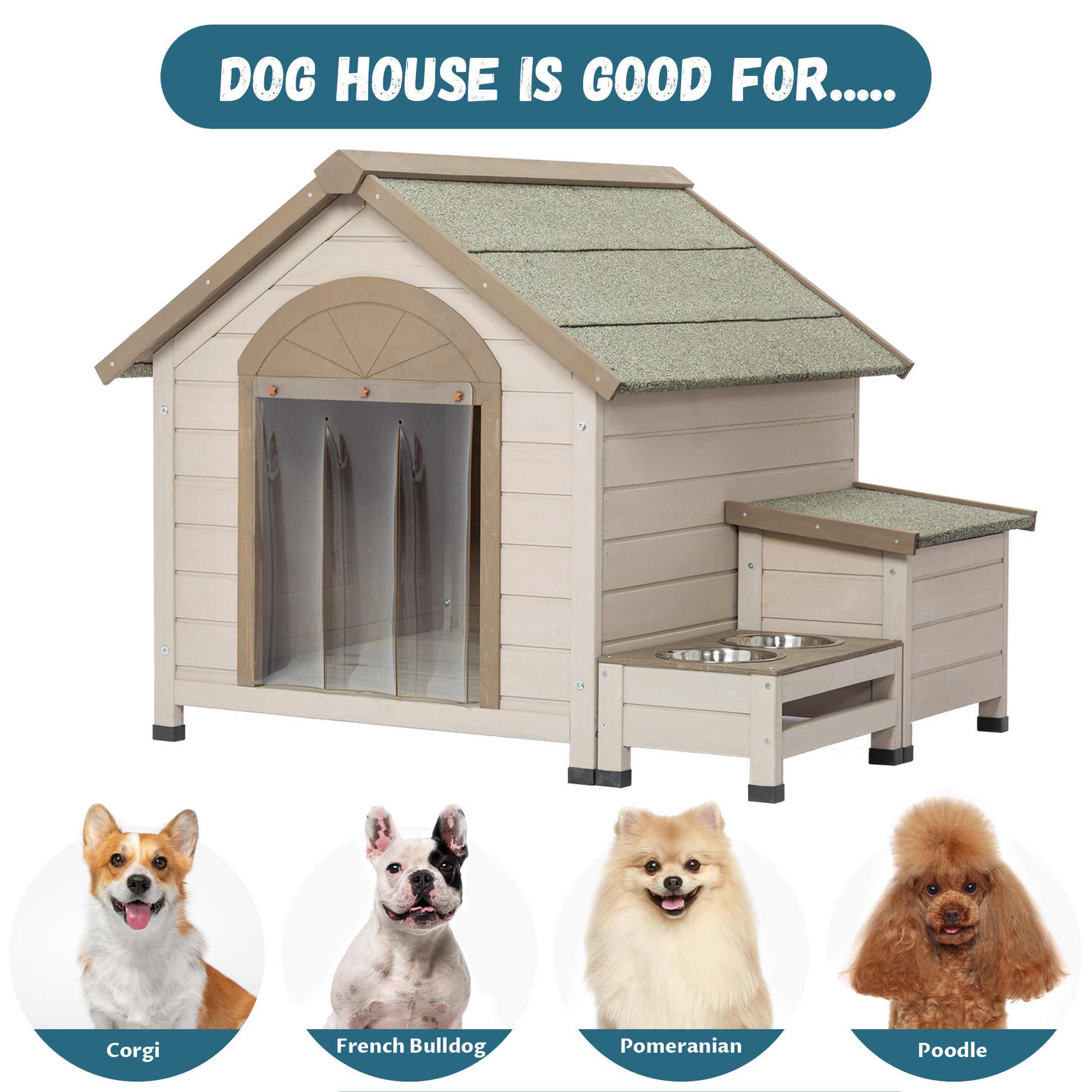 Outdoor Fir Wood Dog House With An Open Roof Ideal For Small To Medium Dogs. With Storage Box, Elevated Feeding Station With 2 Bowls. Weatherproof Asphalt Roof And Treated Wood. Cream Solid Wood