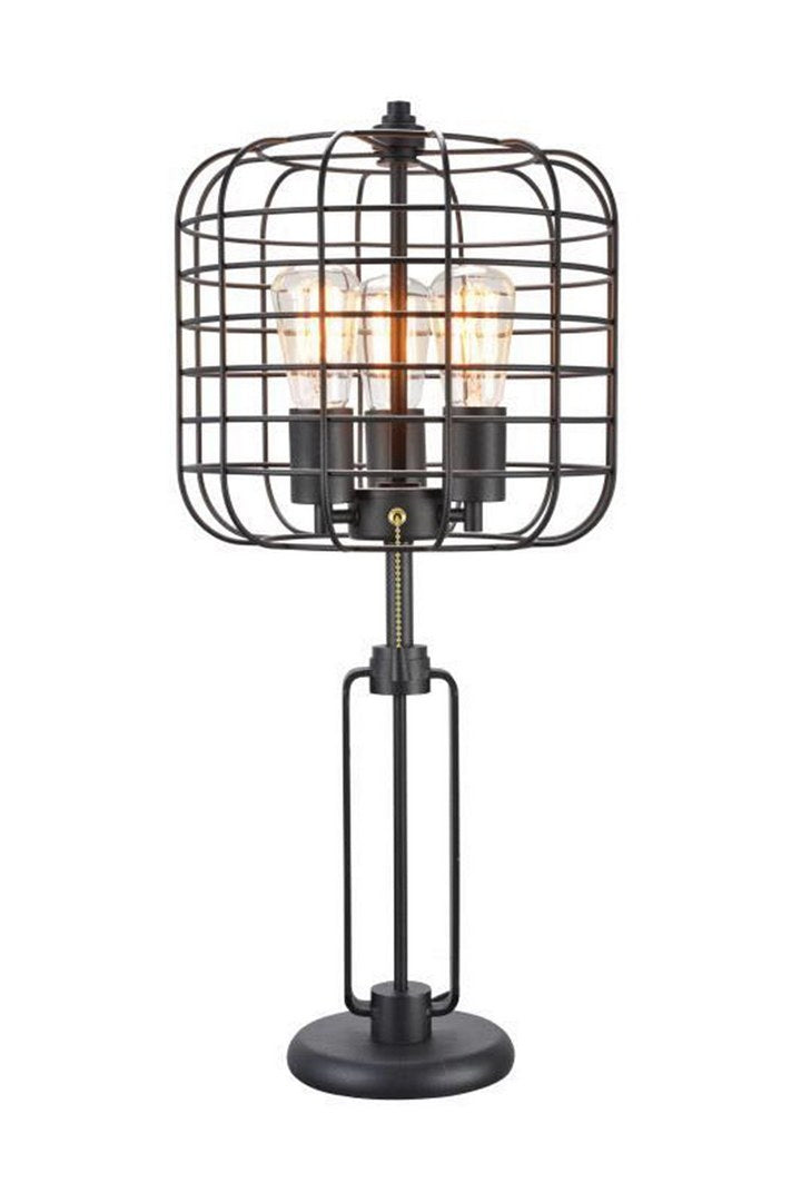 26.5" Tall "Edison" 3 Light Table Lamp, Industrial Cage Design, Powder Coated Black Metal