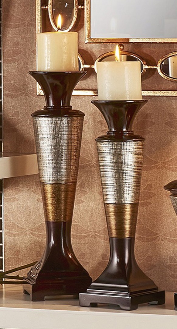 14" And 16" Tall Polyresin "Naomi" Candleholder, Egyptian Style Set Of 2 Multicolor Polyresin