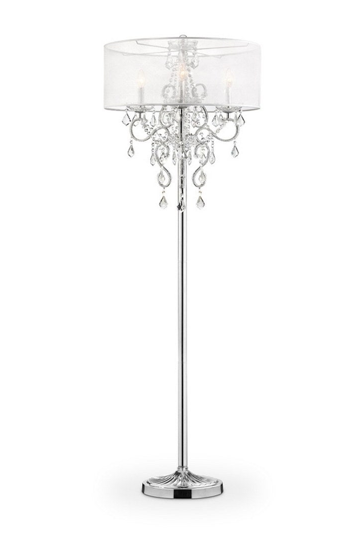 63" Tall Floor Lamp "Evangelia", Silver Finish And Crystal Accents, Clear Shade Silver Metal