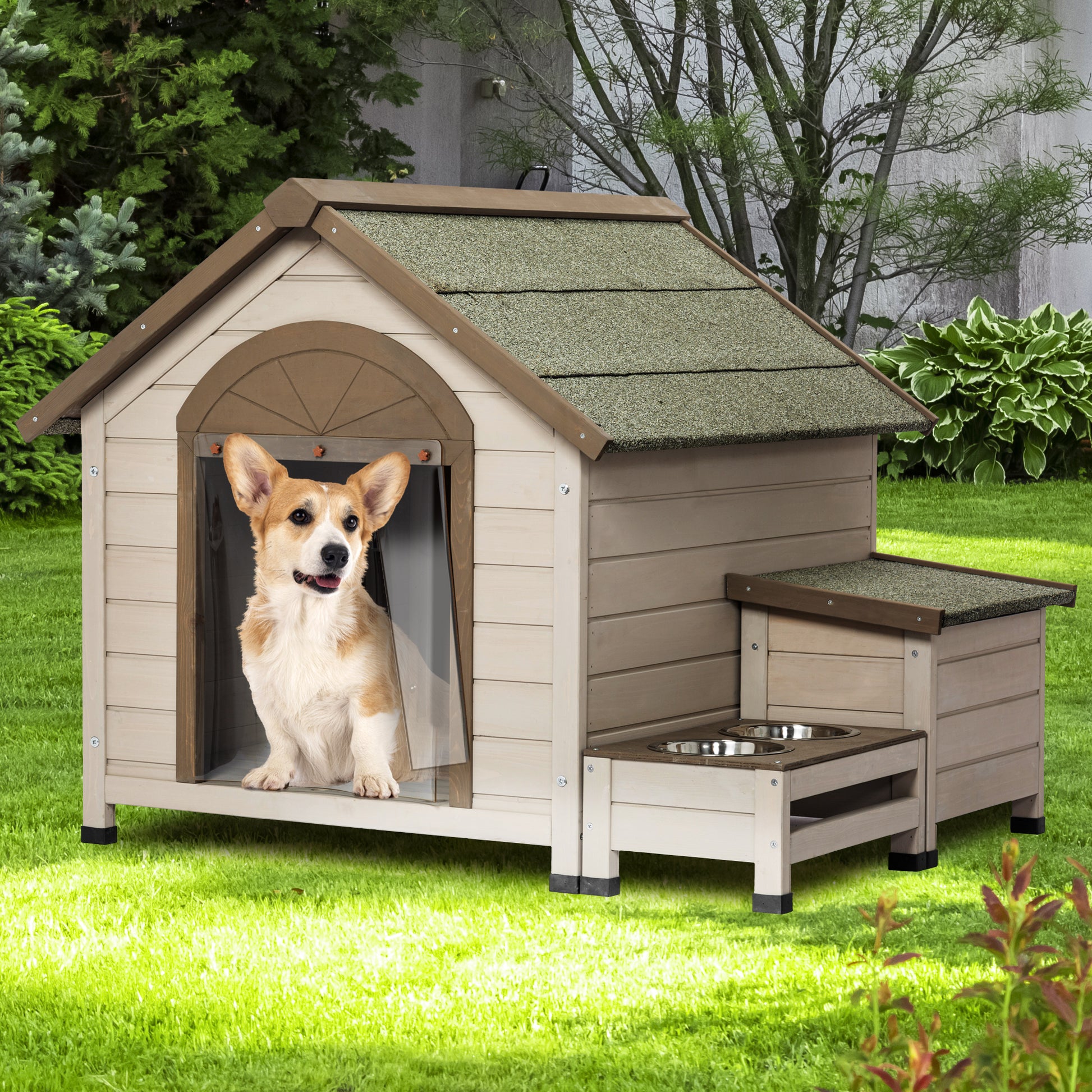 Outdoor Fir Wood Dog House With An Open Roof Ideal For Small To Medium Dogs. With Storage Box, Elevated Feeding Station With 2 Bowls. Weatherproof Asphalt Roof And Treated Wood. Cream Solid Wood