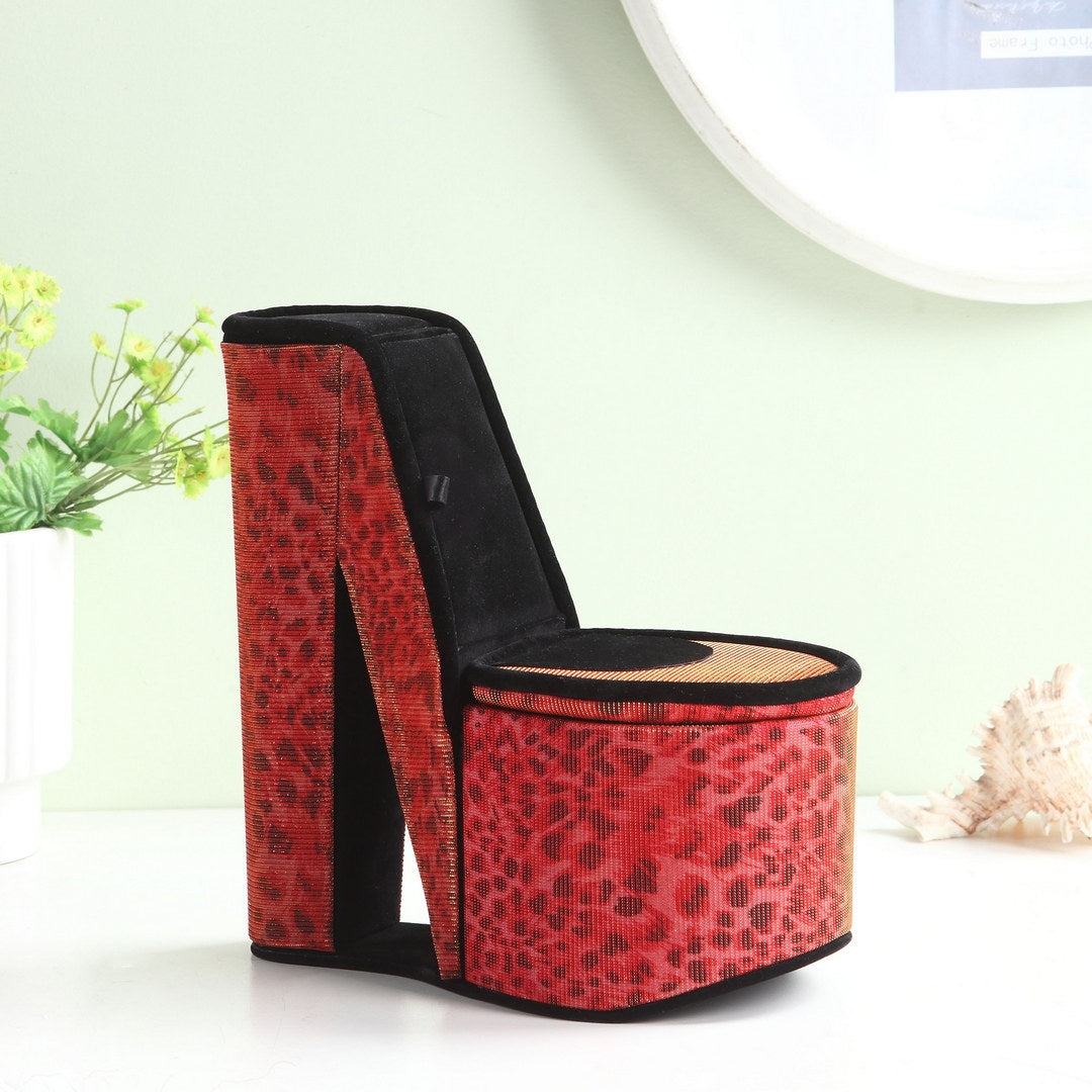 9" Tall Display Jewelry Box With Hidden Storage, High Heel Shoe Design, Leopard Print Multicolor Pu