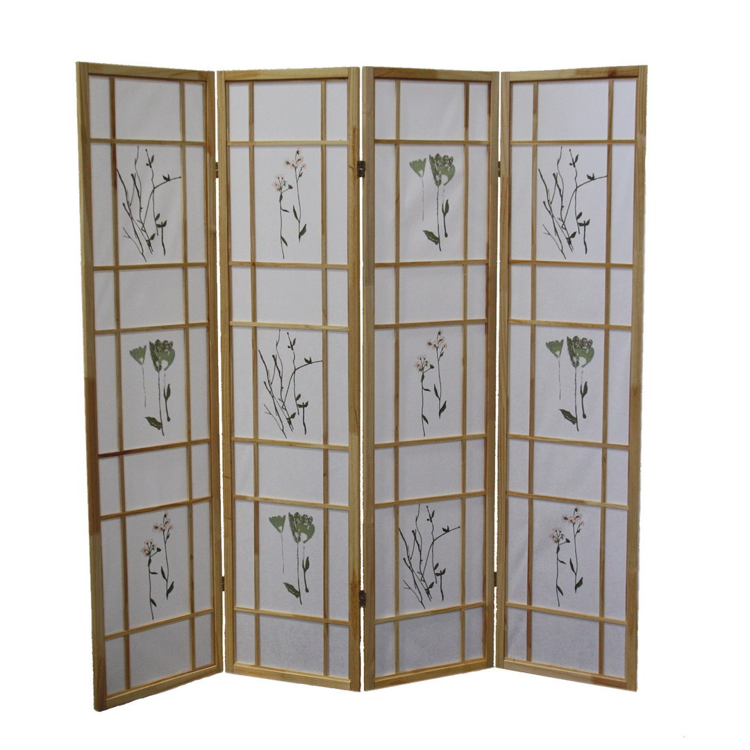 70" Tall 4 Panel Screen Room Divider "Shoji", Natural Wood Brown Wood