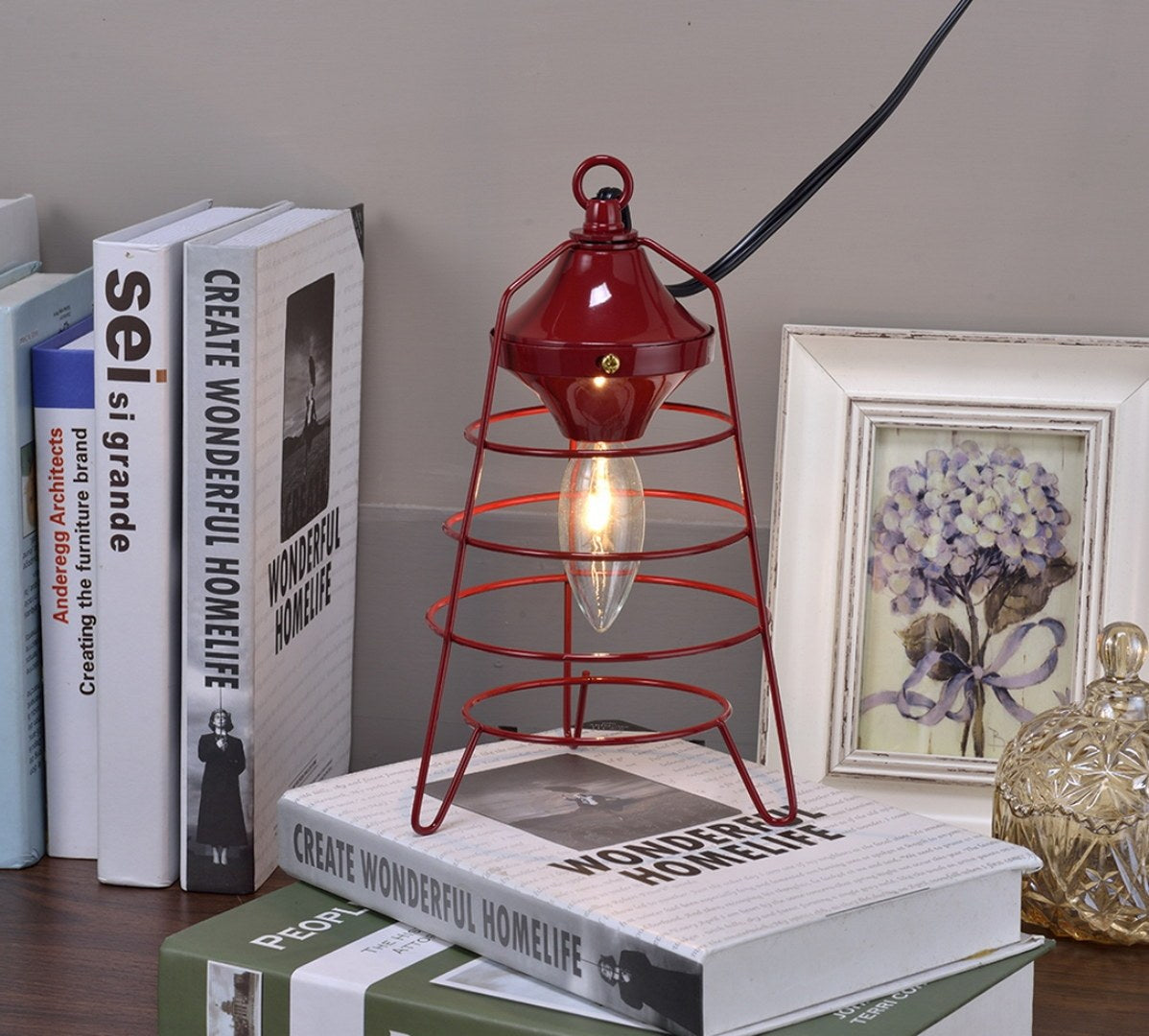 9.5" Tall Table Lamp, Camp Lantern Design, Red Red Metal