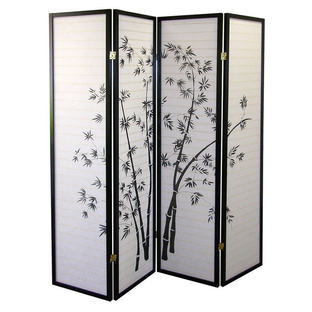 70" Tall 4 Panel Screen Room Divider, Bamboo Design With Black Finish Black Wood