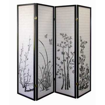 70" Tall 4 Panel Screen Room Divider, Floral Design With Black Finish Black Wood