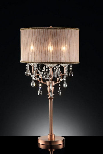 35" Tall Table Lamp "Rosie" W Silvery Pink Finish And Crystal Accents, Shade Brown Metal