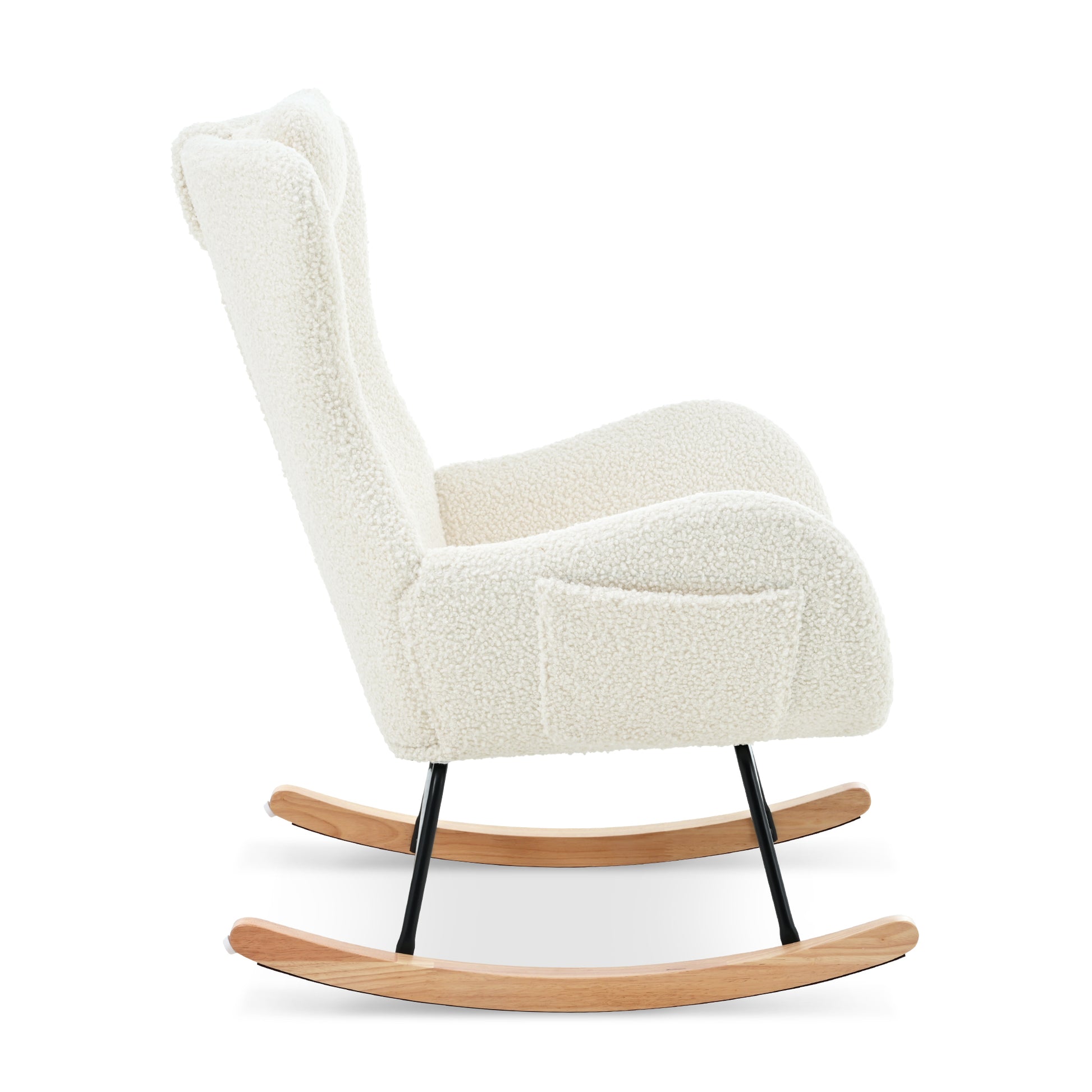 Rocking Chair Nursery, Teddy Upholstered Rocker Glider Chair With High Backrest, Adjustable Headrest & Pocket, Comfy Glider Chair For Nursery, Bedroom, Living Room, Offices, Rubber Wood, White White Polyester