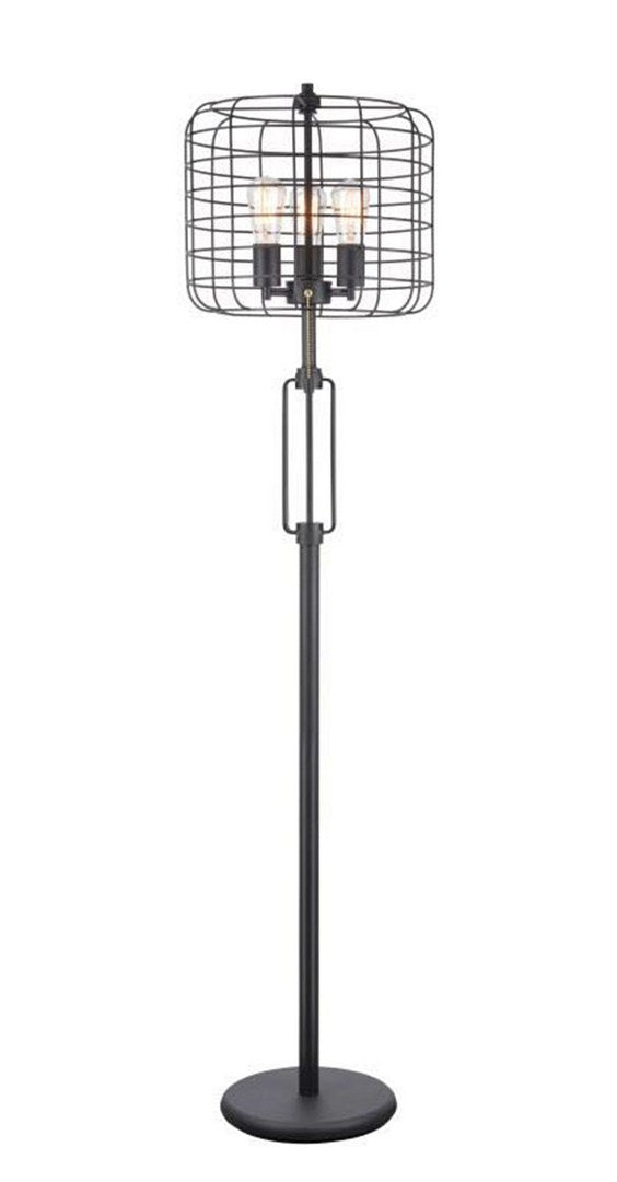 63" Tall "Edison" 3 Light Floor Lamp, Industrial Cage Design, Powder Coated Black Metal