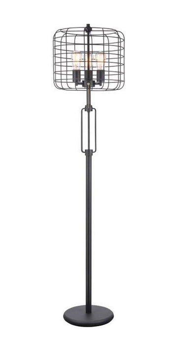 63" Tall "Edison" 3 Light Floor Lamp, Industrial Cage Design, Powder Coated Black Metal