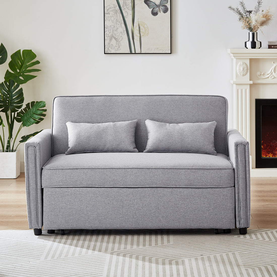 Modern Linen Convertible Loveseat Sleeper Sofa Couch With Adjustable Backrest, 2 Seater Sofa With Pull Out Bed With 2 Lumbar Pillows For Small Living Room & Apartment Grey Polyester