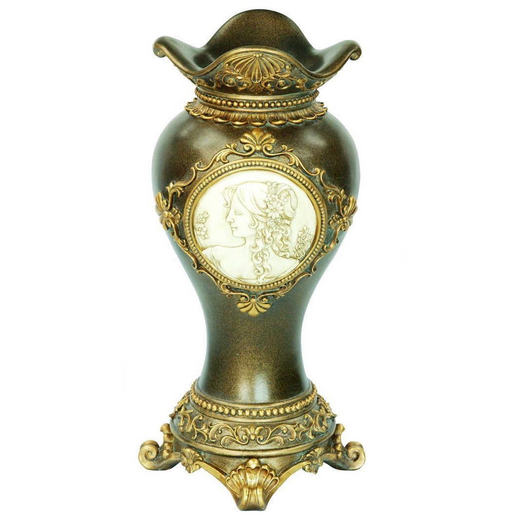 16.25" Tall Polyresin Decorative Vase, Gold Leaves And Greek Accent Multicolor Polyresin