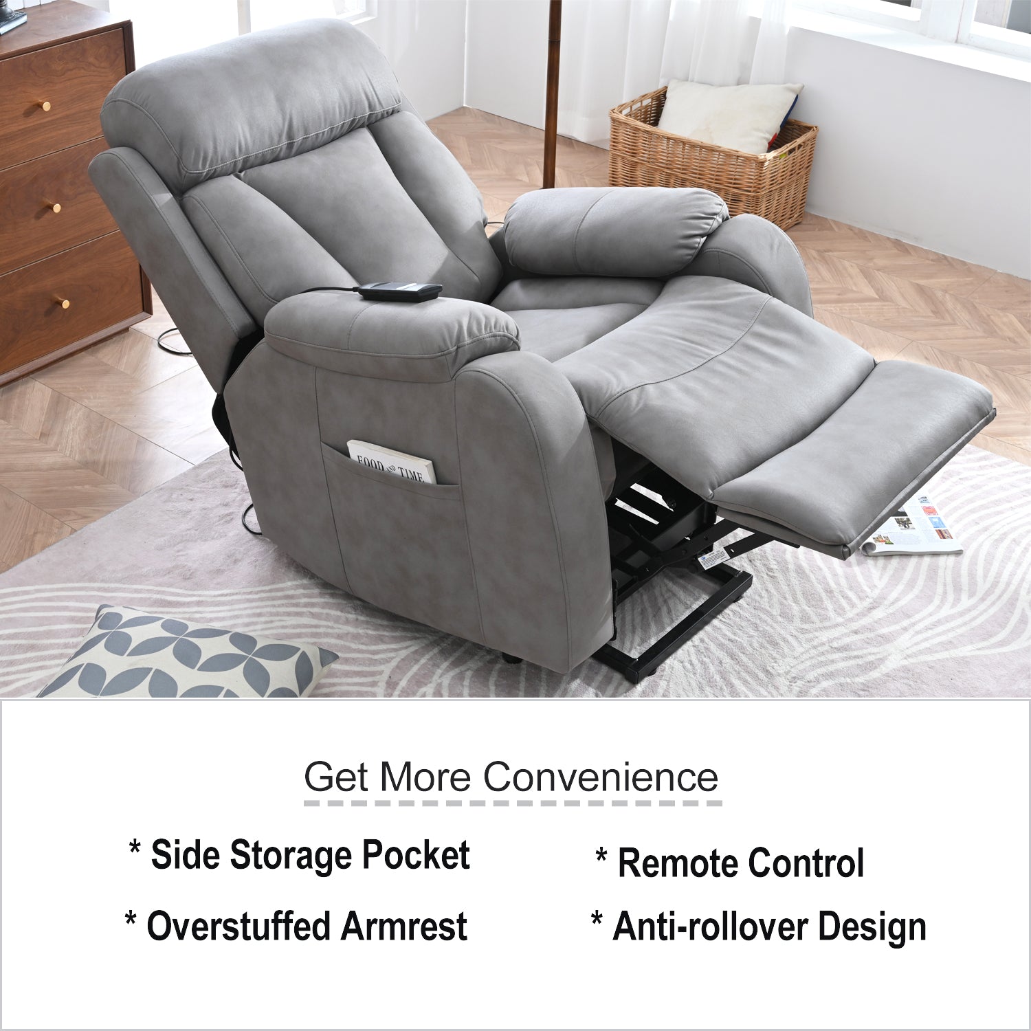 Electric Power Lift Recliner Chair For Elderly, Fabric Recliner Chair For Seniors, Home Theater Seating,Living Room Chair,Side Pocket, Remote Control Light Gray Light Brown Wood Primary Living Space Heavy Duty Rubberwood Light Gray Polyester Power Remote