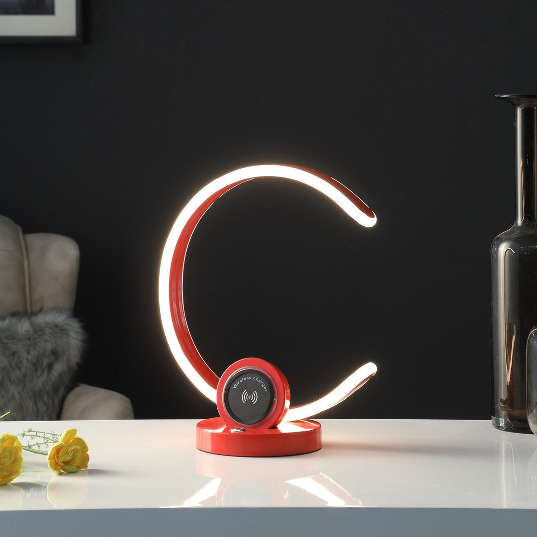 13.25" In Modern C Shape Led W Usb Wireless Charger Port And Touch Dimmer Bright Red Table Lamp Red Metal