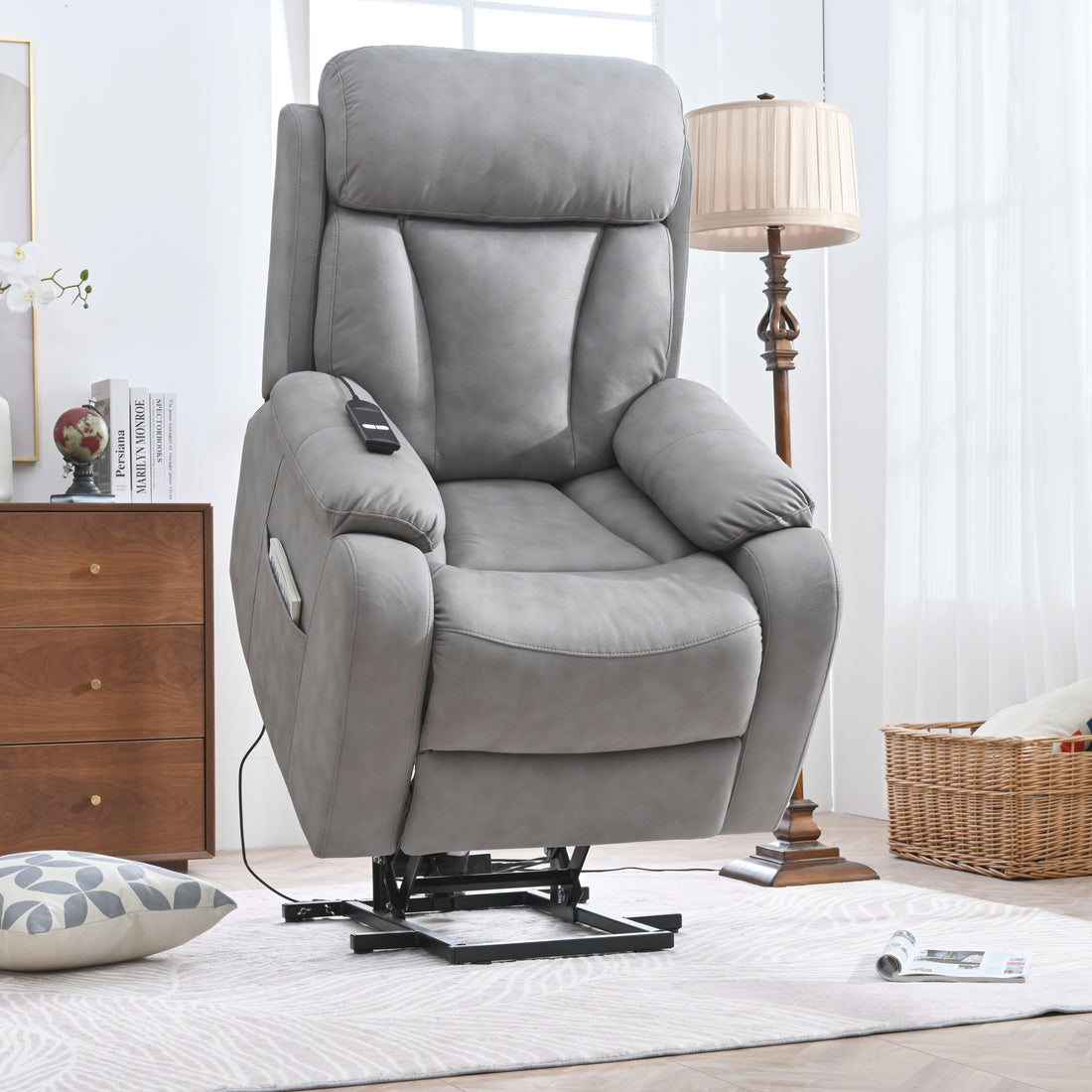 Electric Power Lift Recliner Chair For Elderly, Fabric Recliner Chair For Seniors, Home Theater Seating,Living Room Chair,Side Pocket, Remote Control,Light Gray Light Brown Wood Primary Living Space Heavy Duty Rubberwood Light Gray Polyester Power Remote