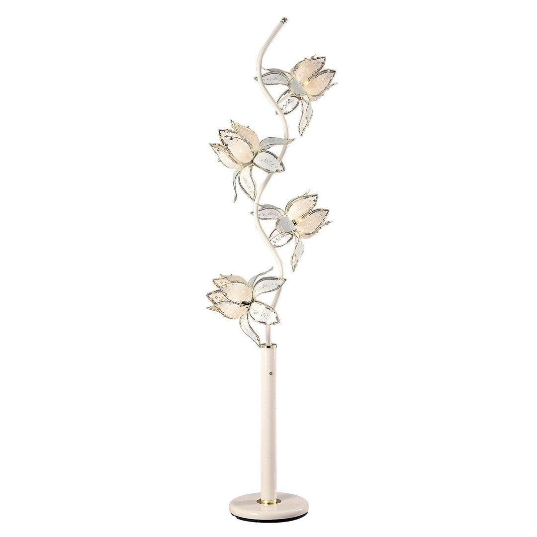 73" Tall Floor Lamp, 4 White And Gold Flower Shaped Lights With Crystal Accents White Metal