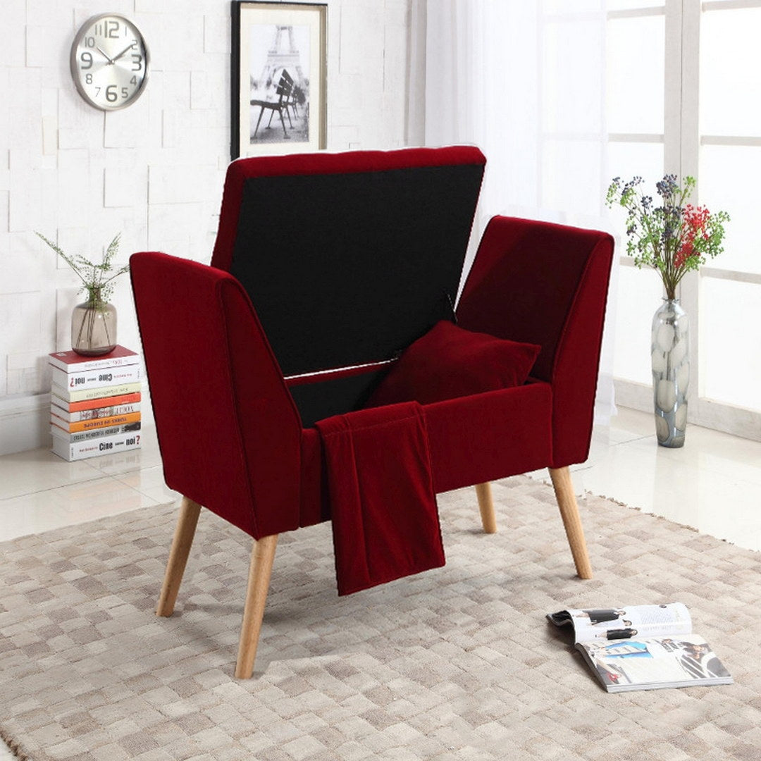 35" Tall Mid Century Design Storage Bench With Additional Pillow And Blanket, Red Red Wood