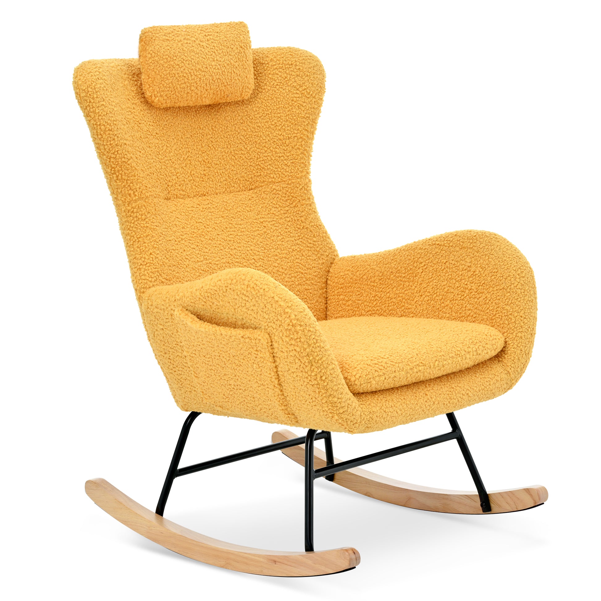 Rocking Chair Nursery, Teddy Upholstered Rocker Glider Chair With High Backrest, Adjustable Headrest & Pocket, Comfy Glider Chair For Nursery, Bedroom, Living Room, Offices, Rubber Wood, Yellow Yellow Polyester