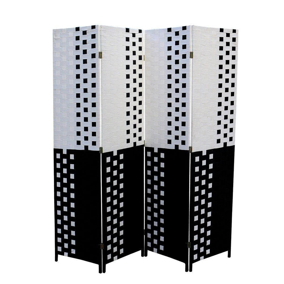 70.75" Tall 4 Panel Screen Room Divider W Weave Design, Black And White Multicolor Wood