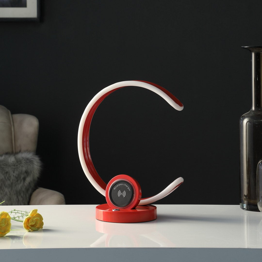 13.25" In Modern C Shape Led W Usb Wireless Charger Port And Touch Dimmer Bright Red Table Lamp Red Metal