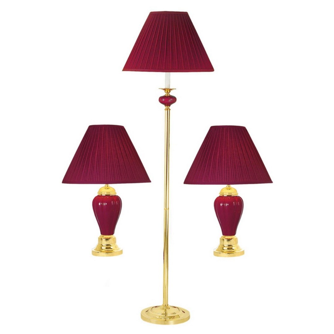 3 Piece Ceramic Lamp Set, Floor And Table Lamps, Burdy Finish Burgundy Ceramic