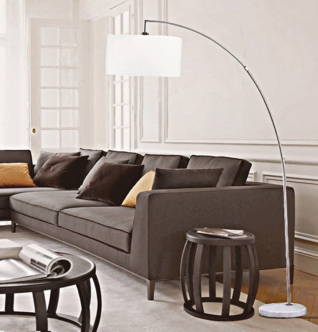 86" Tall Metal Floor Arc Lamp "Allegro", White And Brushed Silver Multicolor Metal