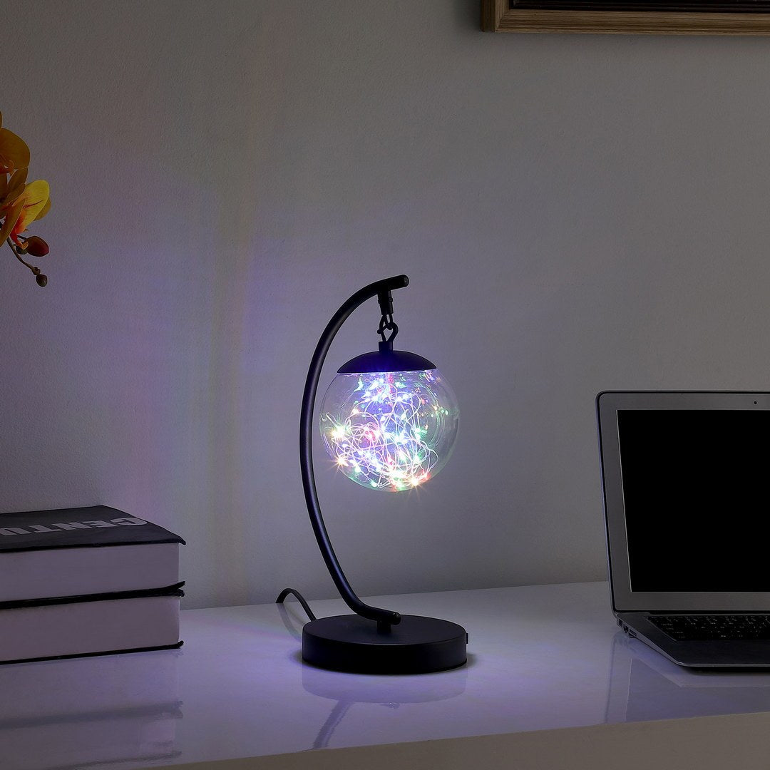 14" In Pendulum Multi Colored Led Glass Orb Black Metal Table Lamp W Usb Port Matte Black Metal