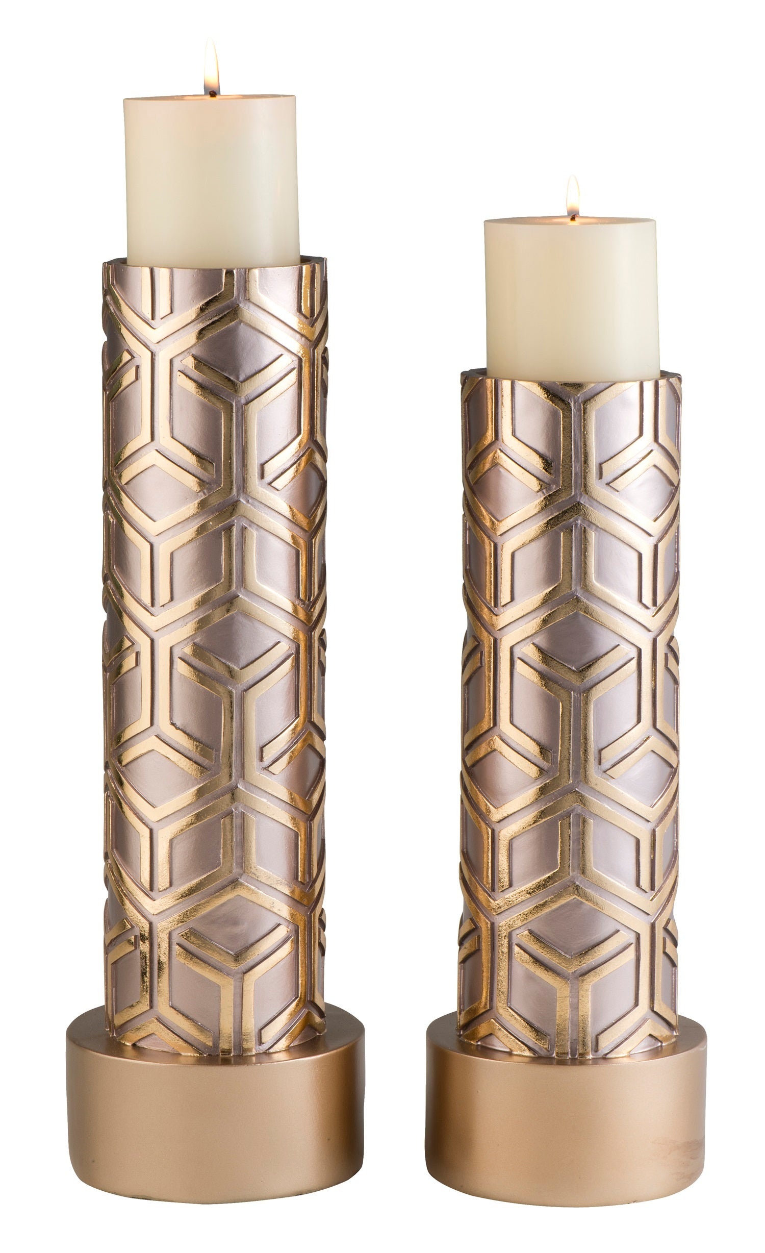 14" And 16" Tall Polyresin Candleholder, Golden Finish Set Of 2 Gold Polyresin