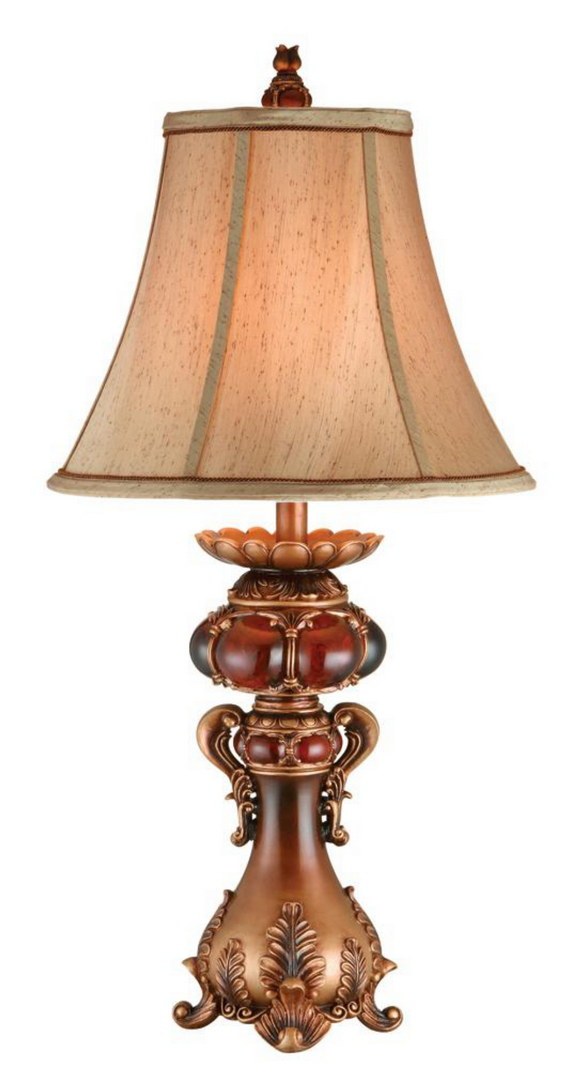 31" Tall Polyresin Table Lamp With Red And Brown Finish, Linen Shade Multicolor Metal