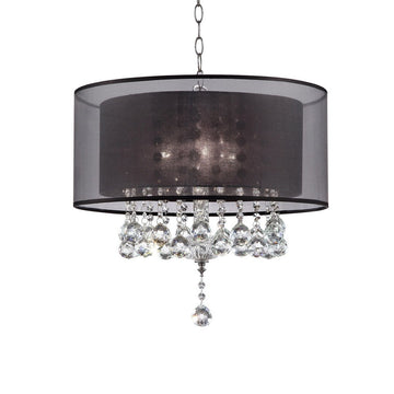 19" Tall Ceiling Lamp "Effleurer", Silver And Crystal Accents, Black Shade Multicolor Metal