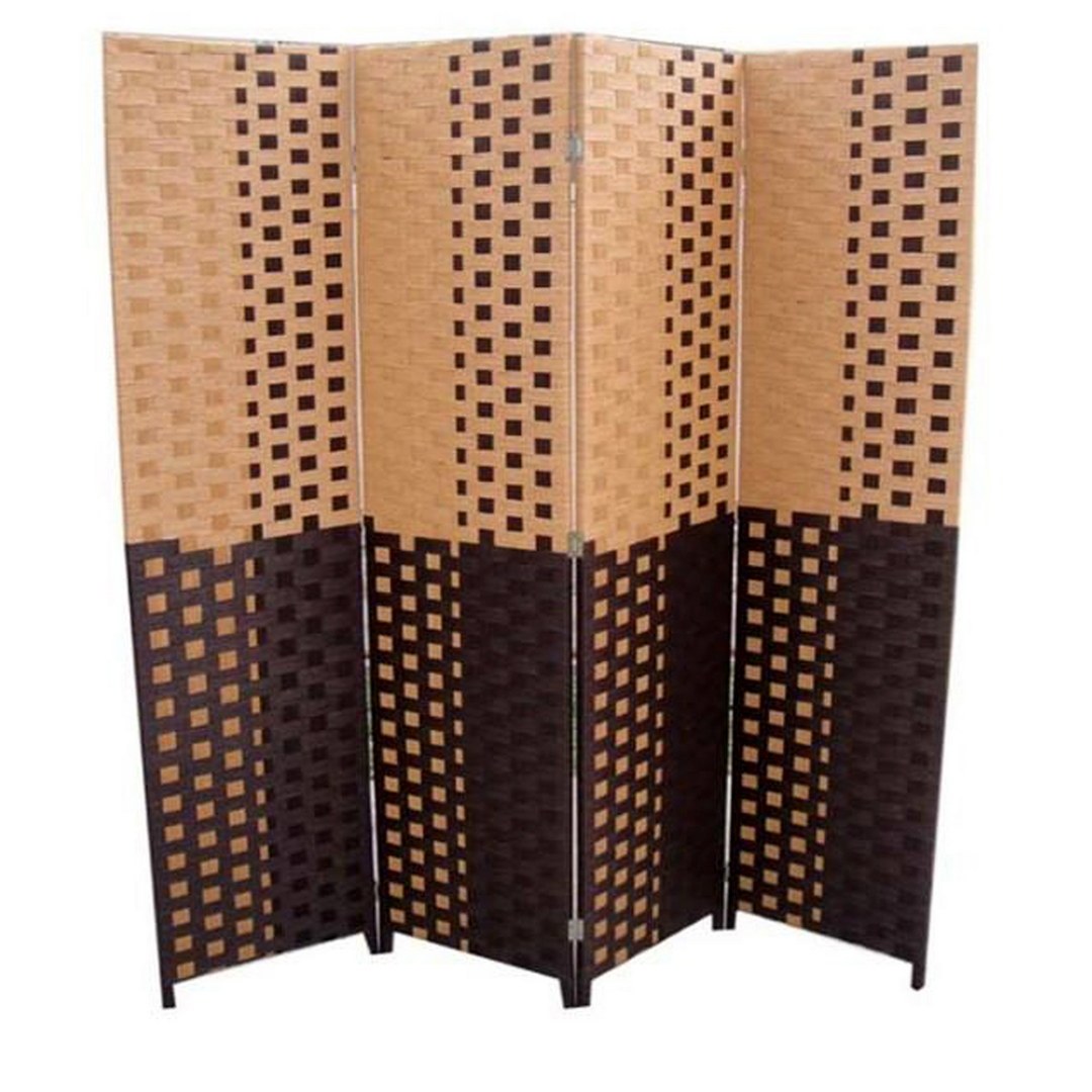 70.75" Tall 4 Panel Screen Room Divider W Weave Design, Espresso And Brown Multicolor Wood