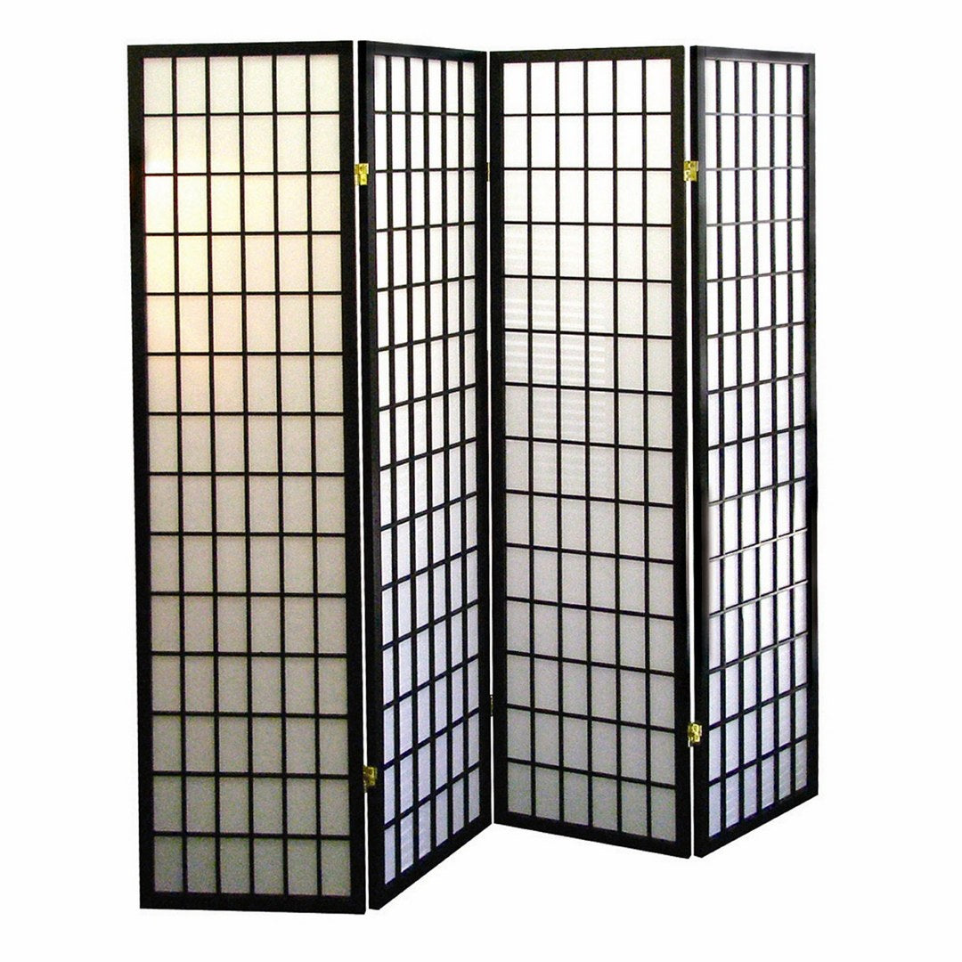 70" Tall 4 Panel Screen Room Divider, Japanese Style With Black Finish Black Wood