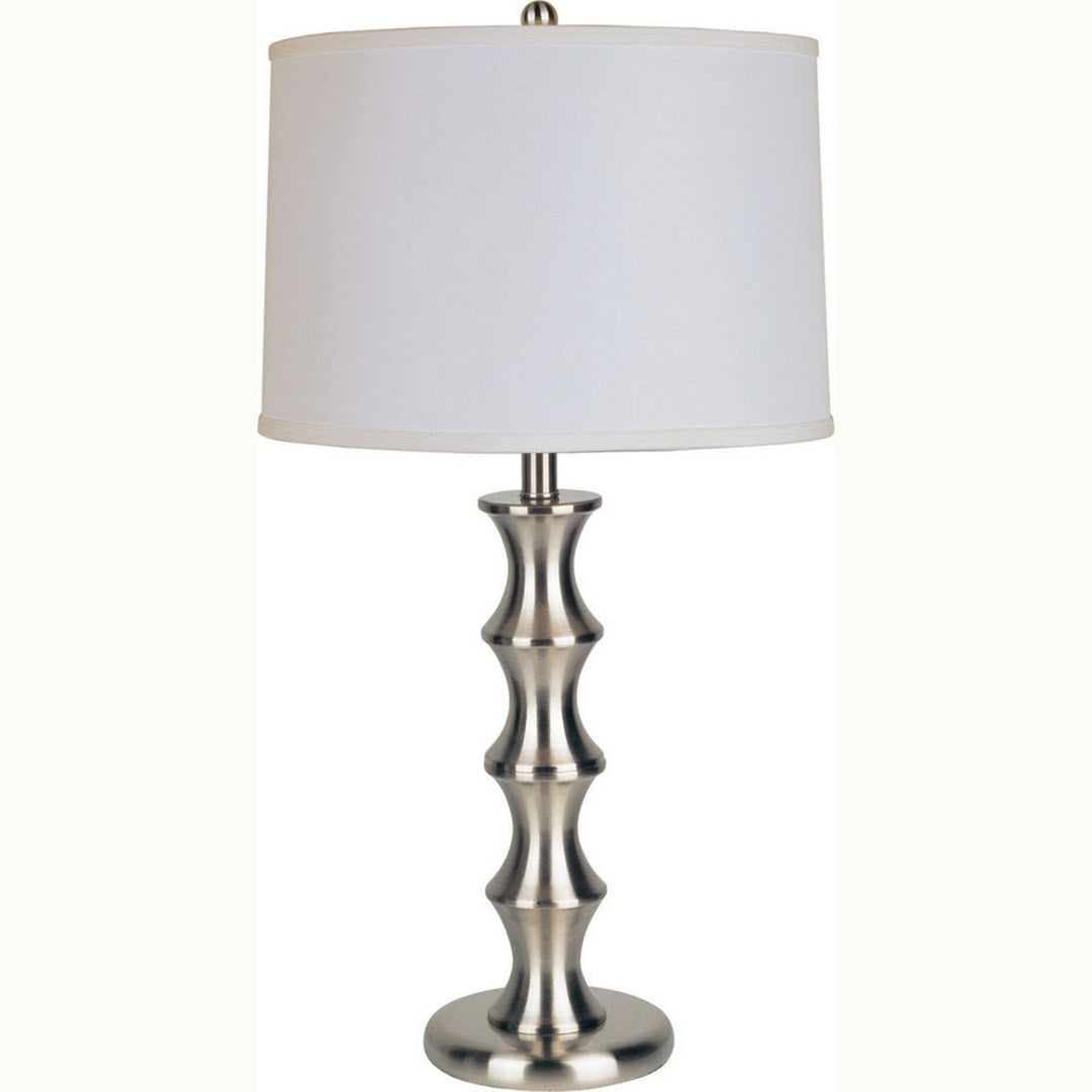 29.5" Tall Steel Table Lamp With Satin Nickel Finish, Linen Shade Multicolor Wood