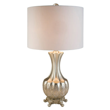 30" Tall Polyresin Table Lamp With Silver Finish, Royal Design, White Linen Shade Silver Metal