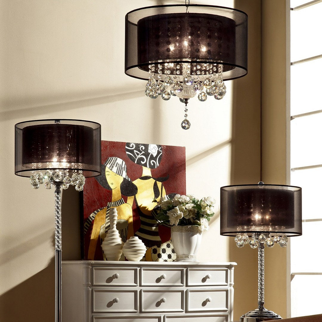 19" Tall Ceiling Lamp "Effleurer", Silver And Crystal Accents, Black Shade Multicolor Metal