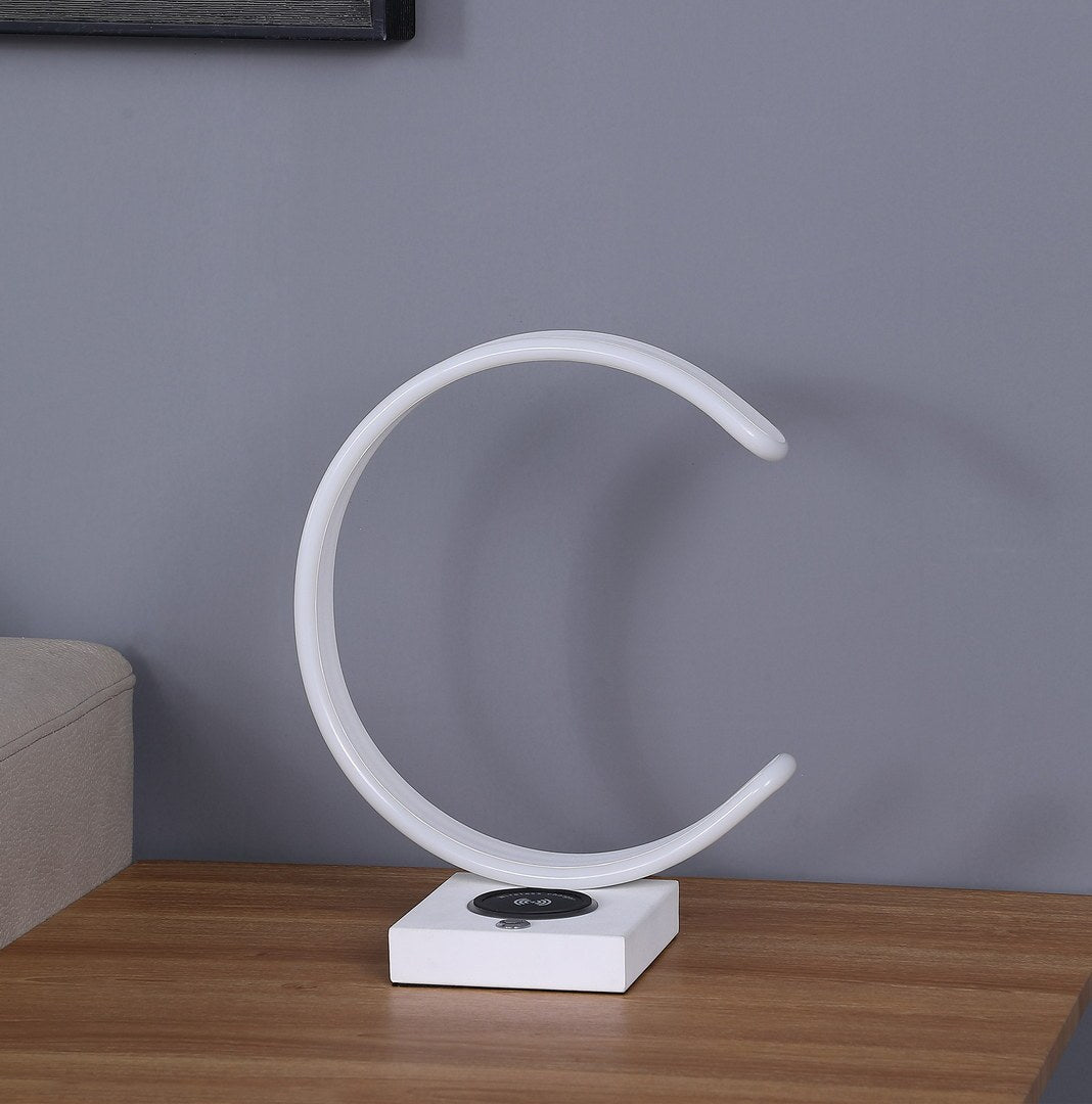 13.5" C Shape Led W Usb Wireless Charger Port Table Lamp White Metal