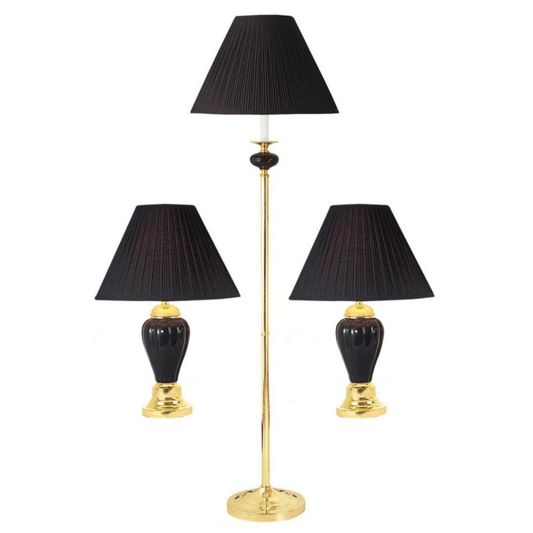 3 Piece Ceramic Lamp Set, Floor And Table Lamps, Black Finish Black Ceramic