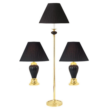 3 Piece Ceramic Lamp Set, Floor And Table Lamps, Black Finish Black Ceramic