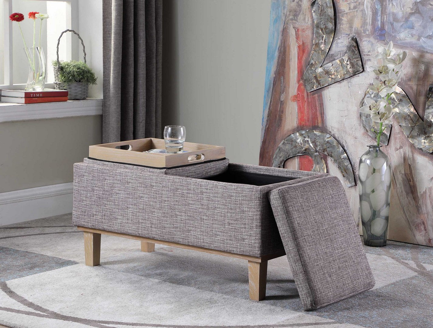 17" Tall Flip Storage Bench With Unfinished Legs, Grey Seat Grey Wood