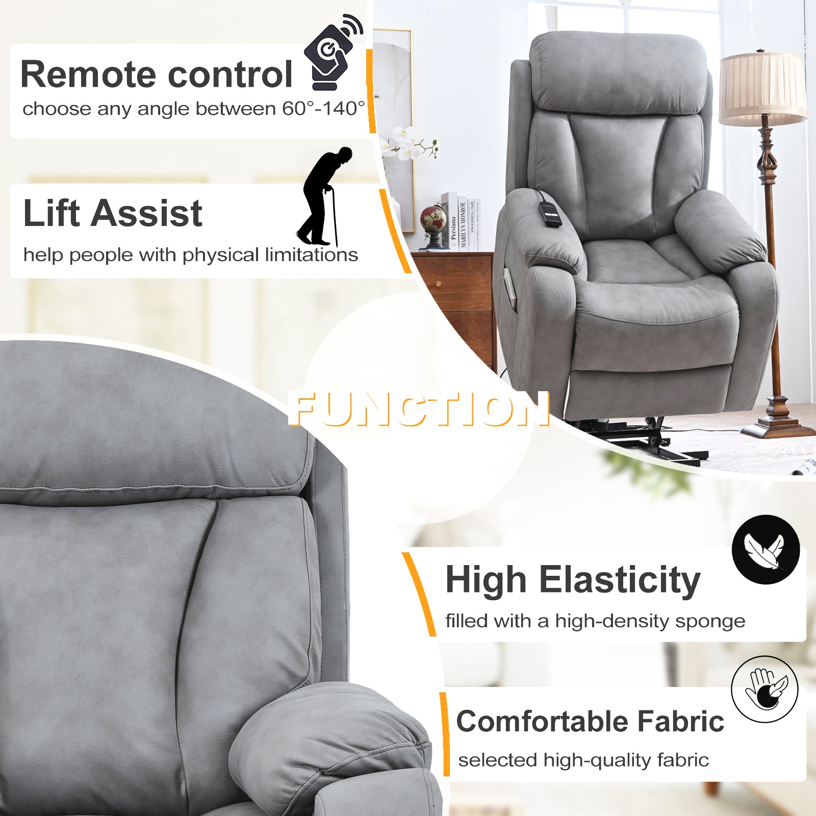 Electric Power Lift Recliner Chair For Elderly, Fabric Recliner Chair For Seniors, Home Theater Seating,Living Room Chair,Side Pocket, Remote Control Light Gray Light Brown Wood Primary Living Space Heavy Duty Rubberwood Light Gray Polyester Power Remote