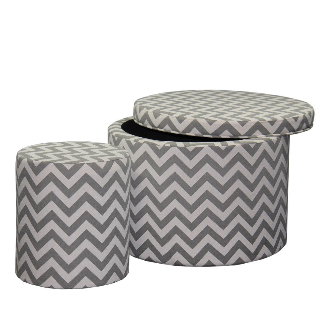 17.35" Tall Storage Ottoman With 1 Seating, Chevron Grey Wood